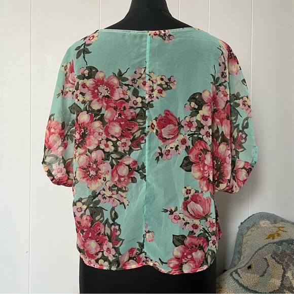 Farm Rio Floral Short Sleeve Blouse Turquoise Teal Flowers Button Pink Top - Picture 2 of 12